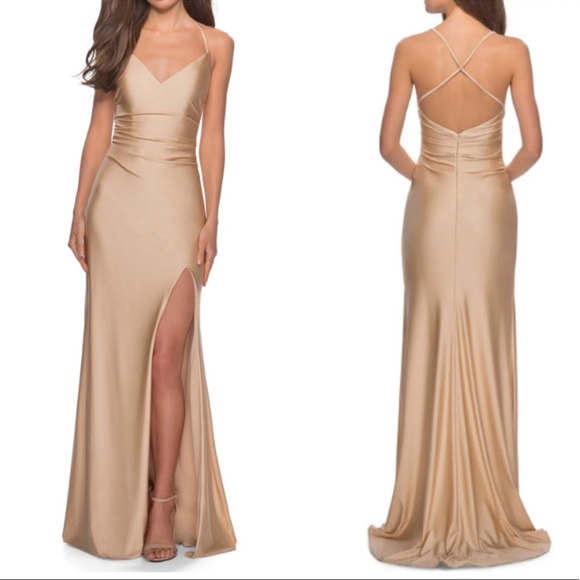 La Femme Dresses & Skirts - La Femme Cross Back Satin Jersey Trumpet Strappy Back Maxi Dress 4 Nude Beige